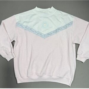 Blast‎ Petites Vintage Textured Mock Neck Sweatshirt Pastel Pink Floral Large